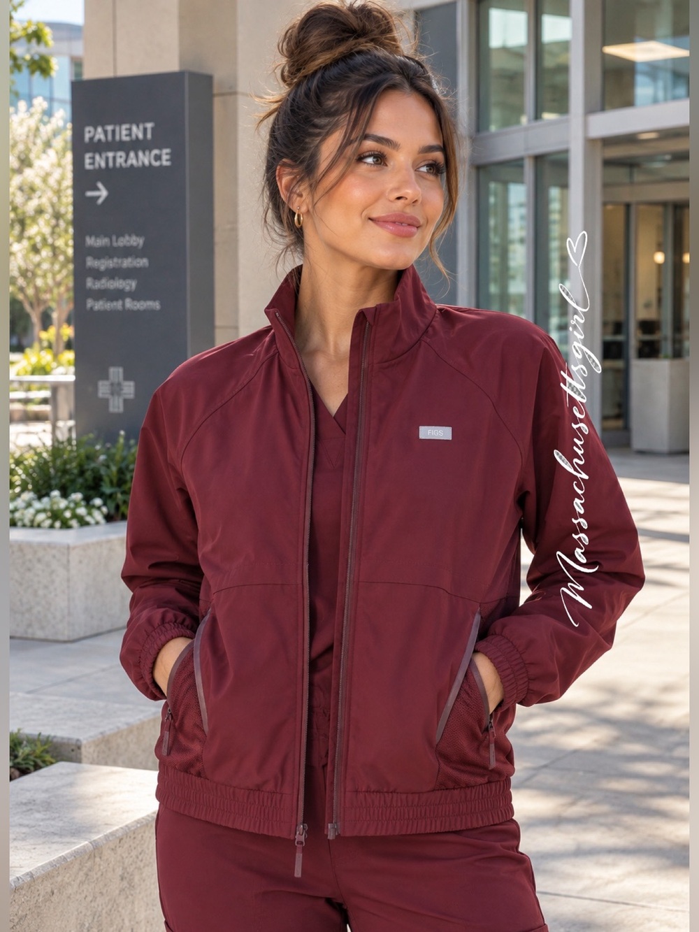 Figs Women's Maroon Bomber Zip Jacket